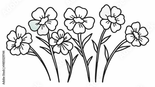 Illustration of a group of white flowers with black outlines and stems on a white background created with generated ai