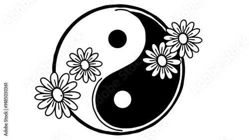 Yin yang symbol decorated with daisy flowers in black and white simple design with balanced composition created with generated ai