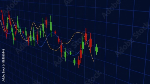 Chart stock candle stick with indicator line on grid table dark background price moving forward trend green and red bar diagram value finance data.