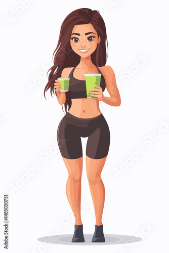 Healthy woman holding a green smoothie in workout attire