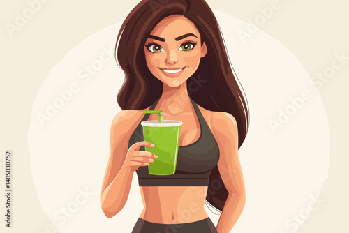 Healthy woman holding a green smoothie in workout attire