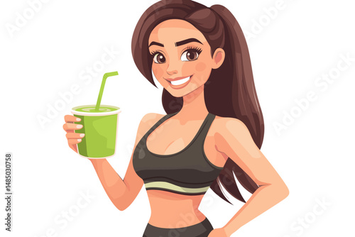 Healthy woman holding a green smoothie in workout attire