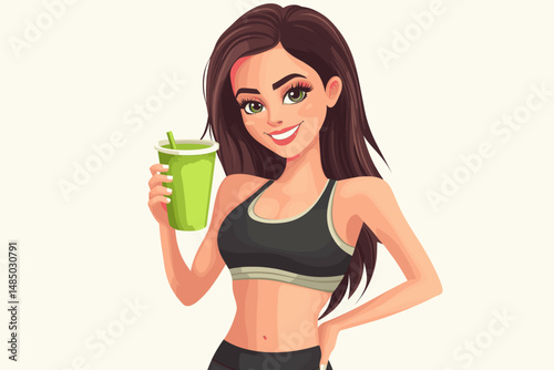 Healthy woman holding a green smoothie in workout attire