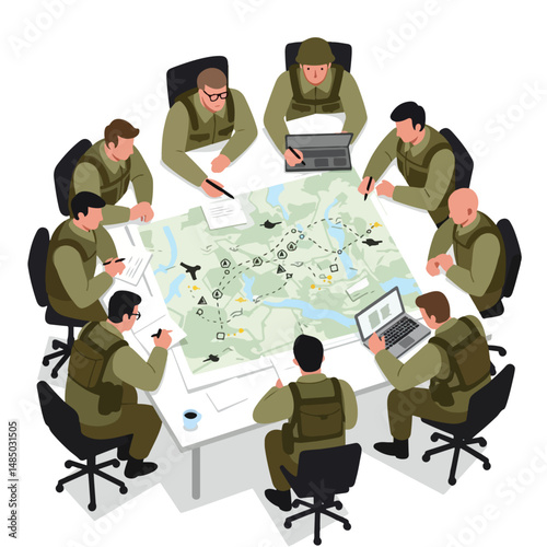 Military Planning Meeting: A top-down illustration of a strategic military planning session, with officers gathered around a detailed map, engaging in focused discussions and analysis. 