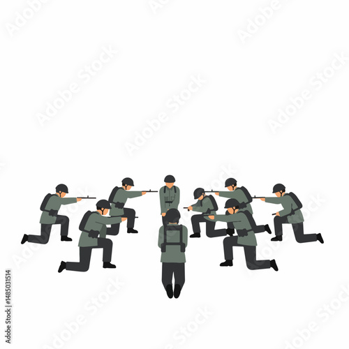 The Confrontation: A symbolic representation of tension and conflict. Soldiers stand in a circle, aiming weapons at a central figure, evoking themes of power, control, and potential danger.