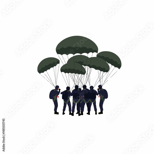 Skyborne Ensemble: A squadron of determined individuals prepares for a high-altitude descent, their parachutes billowing against the open sky.