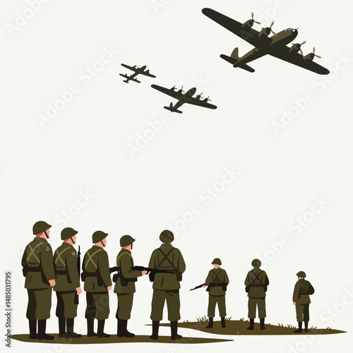 Dignified Salute: Illustrative rendering of soldiers paying tribute as aircraft soar overhead.