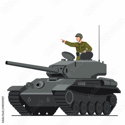 Tank Commander Directing: A formidable military tank, with its gun pointing forward, has a commander in full uniform providing strategic direction in an illustrated scenario.
