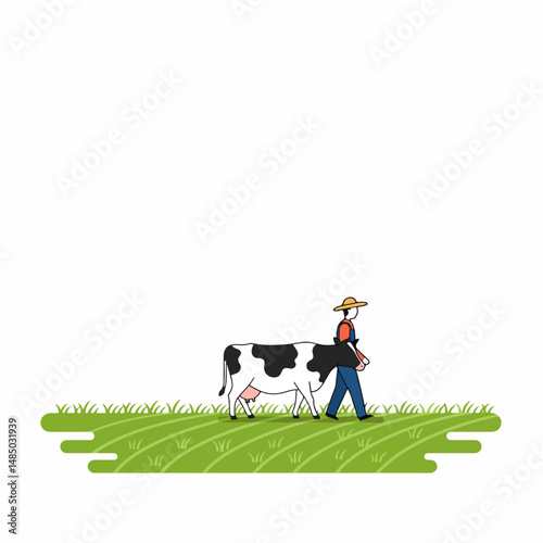 Farmer and Cow: A farmer strolls alongside a Holstein cow across a vibrant green pasture, an idyllic rural scene. 