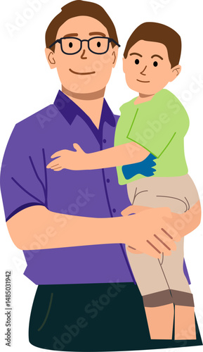 Vector illustration of a young father wear eyeglasses carrying his son. Flat design cartoon character.