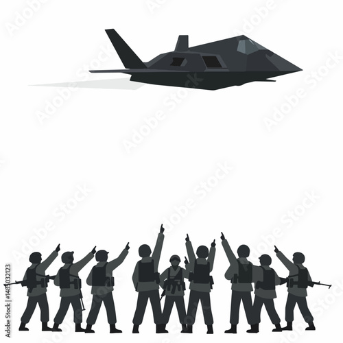 Stealth Fighter and Soldiers: A powerful silhouette of a stealth fighter jet soaring through the air, with a group of soldiers below.