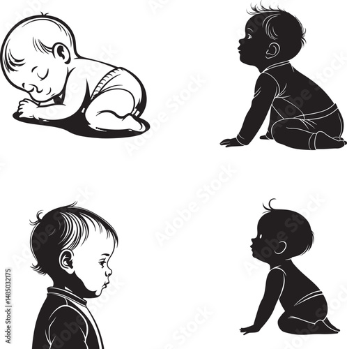 Black and white vector illustration of baby silhouettes in different poses, newborn and toddler side profiles, sitting baby, crawling baby, fetal position, minimalistic child illustration art.