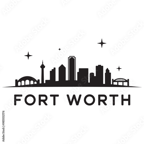 Vector Fort Worth skyline. Travel Fort Worth famous landmarks. Business and tourism concept for presentation, banner, web site. Vector black silhouette. with white background