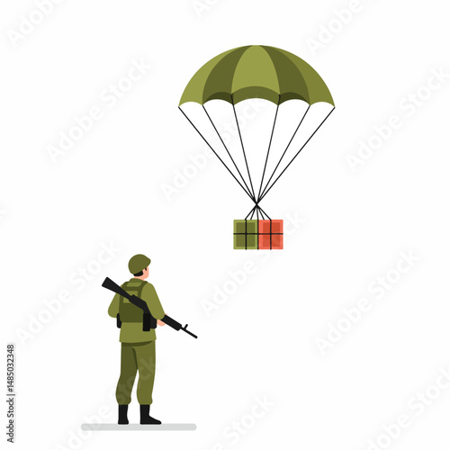 Military Supply Drop: Illustration of a soldier observing supplies being delivered from the sky, highlighting support for the troops.