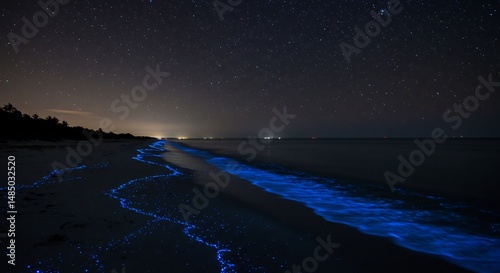 幻想的夜空 星影輝く神秘の青色発光プランクトン海岸. AI Generated