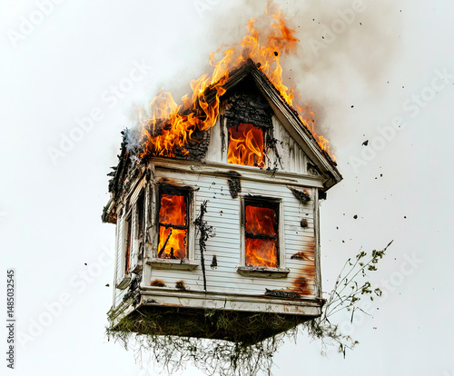 Burning wooden house floating in the air with flames and smoke rising from its windows and roof. Pieces of debris scatter around while vines and roots dangle from the structure.