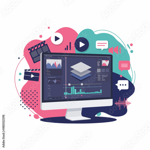 Creative Video Editing: A modern illustration showcasing the dynamic process of video editing on a computer screen, symbolizing technology, creativity, and visual storytelling.