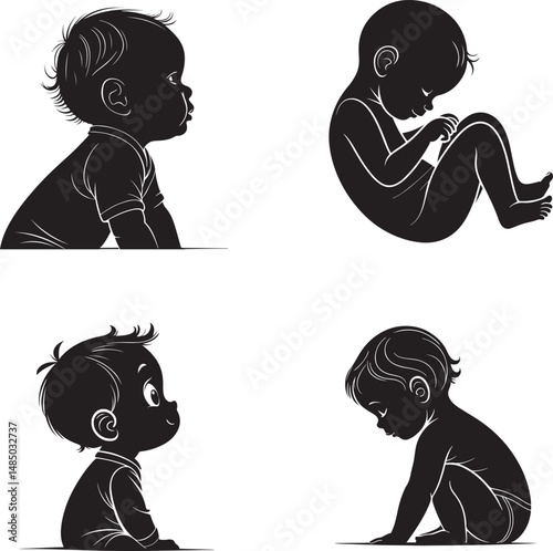 Black and white vector illustration of baby silhouettes in different poses, newborn and toddler side profiles, sitting baby, crawling baby, fetal position, minimalistic child illustration art.
