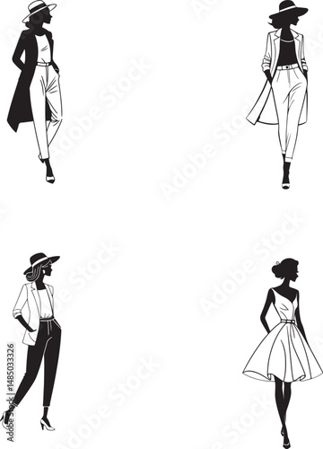 Elegant black and white vector illustration of fashionable women in stylish poses, modern fashion silhouettes, high heels, trench coats, flowing dress, minimalistic line art, runway-style models.