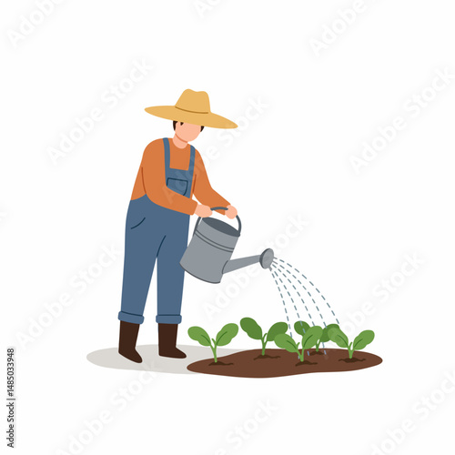 Farmer's Nurturing Touch: An agricultural scene unfolds as a farmer, dressed in classic overalls and a straw hat, diligently waters young plants with a watering can.