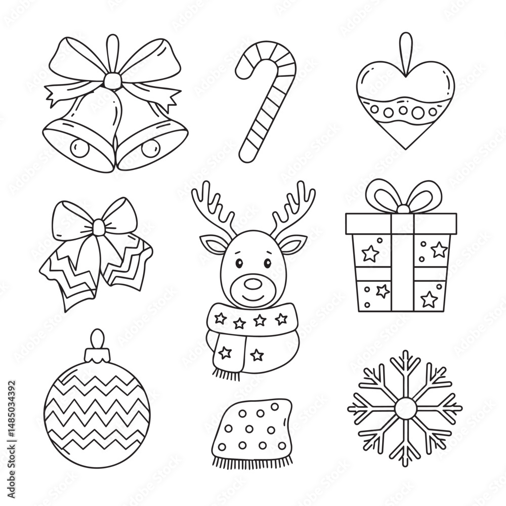 Fototapeta premium A black and white line drawing shows Christmas-themed icons, including bells, a candy cane, a heart, a reindeer, a wrapped gift, a Christmas ornament, a snowflake, and a scarf.