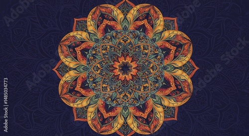 深みのある色彩 曼荼羅模様 繊細な幾何学模様が輝く. AI Generated