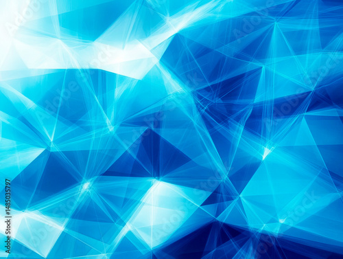 Abstract geometric background with glowing blue crystalline structures and interconnected light reflections. The futuristic design conveys technology, data.