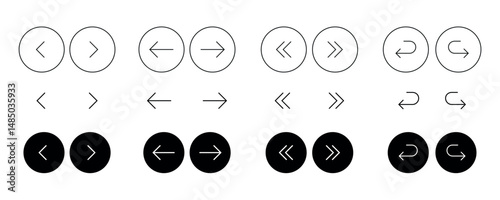 arrow icons black and white vector, left and right buttons isolated on white background