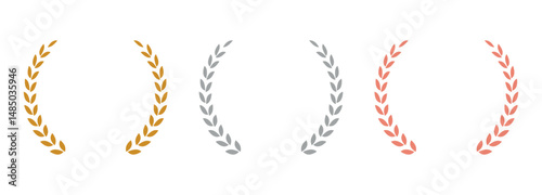 Laurel wreath of victory icon, set of gold, silver, and bronze medals on white background