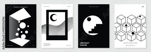 Abstract monochrome poster background vector set. Modern cover template with black and white perspective geometric prism shape, halftone dot, line. Ideal design for social media, banner, ads.