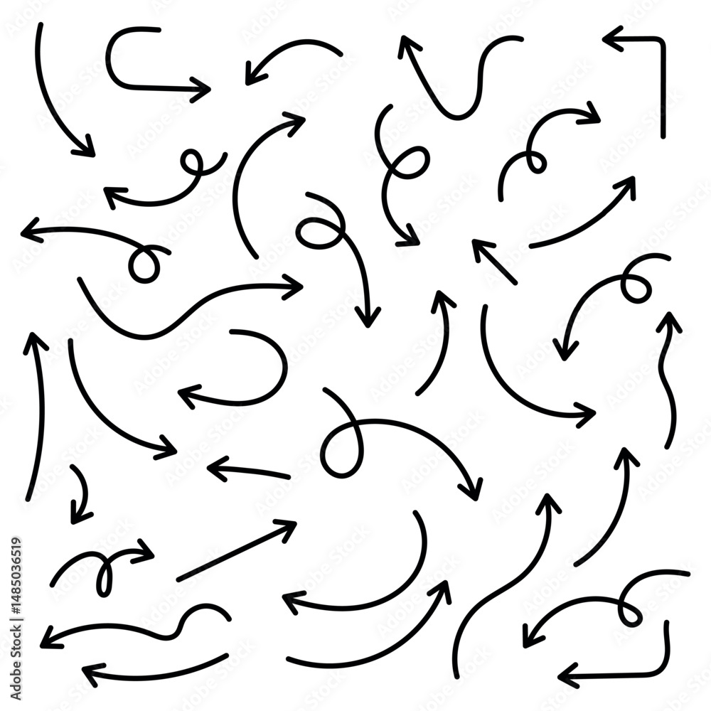 Set of simple lines hand drawn black arrows in various style Set of simple lines hand drawn black arrows in various style