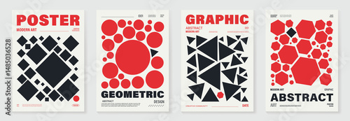 Abstract geometric poster background vector set. Cover template with vibrant perspective circle, square, triangle, polygon. Ideal design for social media, cover, banner, music, ads.