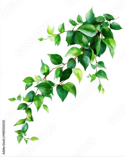 Lush green foliage cascades down in watercolor style on white background perfect for design element or decoration