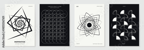 Abstract monochrome poster background vector set. Modern cover template with black and white perspective geometric prism shape, halftone dot, line. Ideal design for social media, banner, ads.