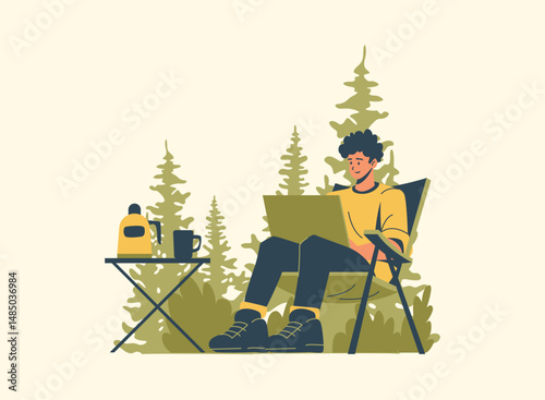 Illustration of an Camping Work on Laptop Character Cartoon