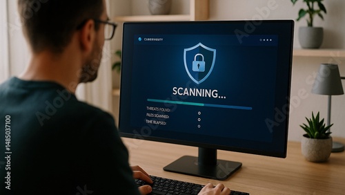 Programmer is using antivirus software, running cyber security scan on desktop computer to protect data from viruses, malware, spyware and trojans