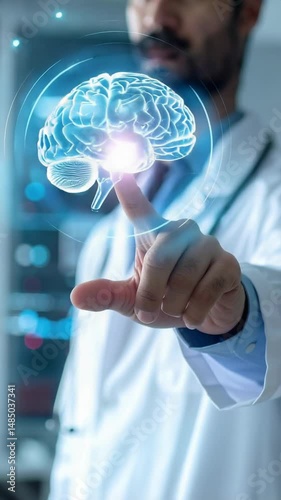Vertical video of male scientist presenting glowing digital brain using fingertip touch on floating holographic interface