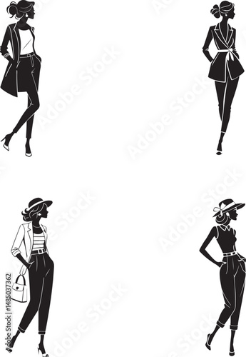 Elegant black and white vector illustration of fashionable women in stylish poses, modern fashion silhouettes, high heels, trench coats, flowing dress, minimalistic line art, runway-style models.