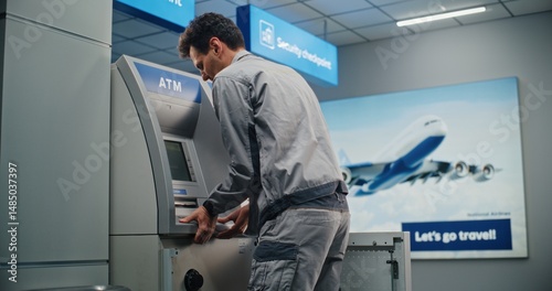 Technician Servicing ATM Machine in Modern Airport Terminal. Male Worker in Uniform Repairing Internal Components of Automated Teller Machine. Banking Services and Cash Withdrawal Systems. Static Shot photo
