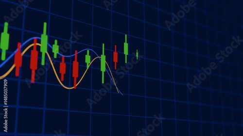 Chart stock candle stick with indicator line on grid table dark background price moving forward trend green and red bar diagram value finance data.
