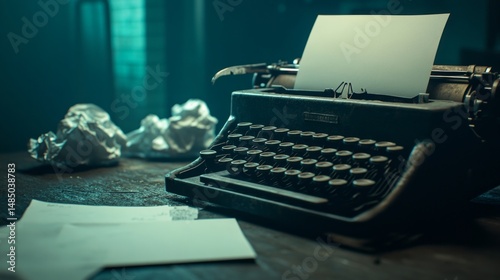 Vintage Typewriter on a Dark Desk with Crumpled Papers