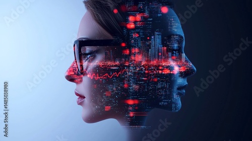 Digital Twin Concept: Double Exposure of a Woman's Face with City Lights and Data Streams photo