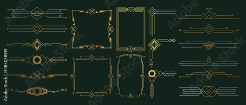 Collection of geometric art deco ornament. Luxury golden decorative elements with different lines, frames, headers, dividers and borders. Set of elegant design suitable for card, invitation, poster.