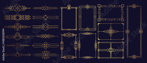 Collection of geometric art deco ornament. Luxury golden decorative elements with different lines, frames, headers, dividers and borders. Set of elegant design suitable for card, invitation, poster.