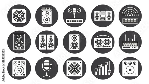 Set logo Icon in Black and white, about Various recording equipment Separate white background
