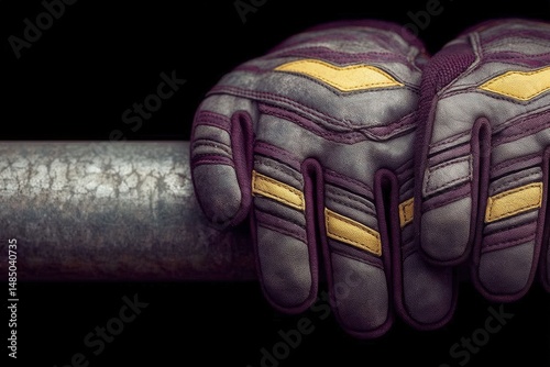 Professional protective gloves resting on a worn metallic surface portraying durability resilience and craftsmanship in safety gear highlighting the importance of reliable equipment