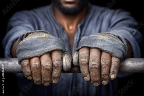 A close-up of strong hands gripping a metal rod emphasizing hard work resilience and determination in a gritty environment showcasing the beauty of labor and dedication photo