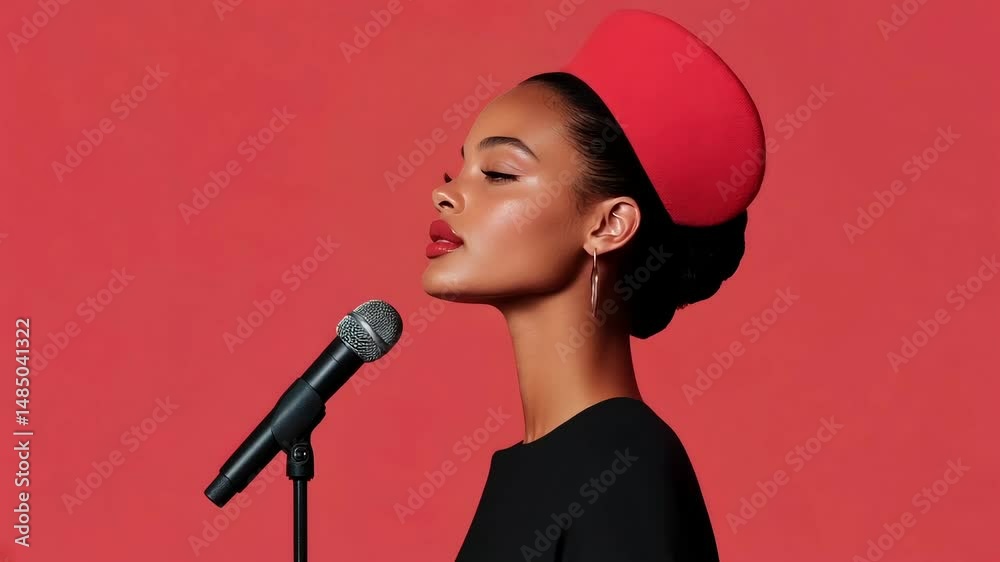 Model performs with confidence while wearing striking headgear against a bold backdrop