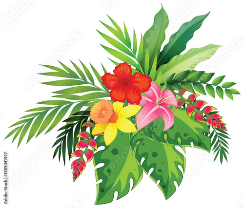 Tropical Flowers and Green Leaves Arrangement