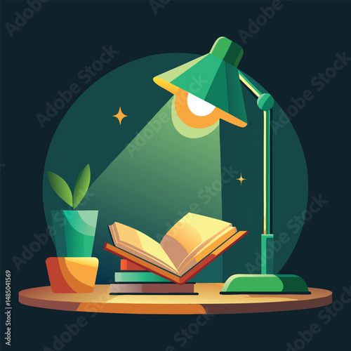 A warm ambiance fills the space as a green lamp casts light on an open book, 